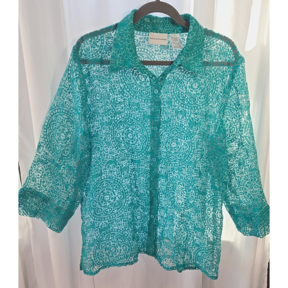 Teal Sheer Burnout Blouse Size 18 1X Coastal Resort Boho Beachy Lightweight Top